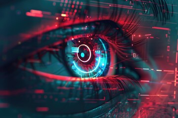 Eye tracking privacy warning on a device, cyberpunk theme with glitch effects