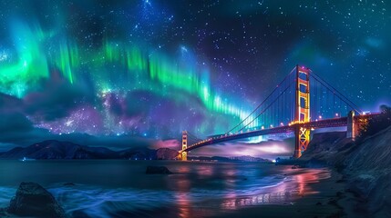 10h Capture the iconic Golden Gate Bridge at night, beautifully illuminated under the vibrant and colorful Northern Lights. 