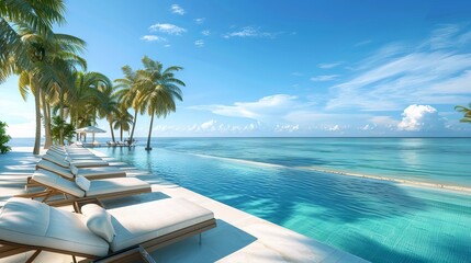 3d render of luxury beach resort with swimming pool and loungers near the sea, palm trees and blue sky background 