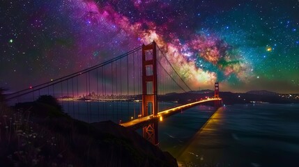 Fototapeta na wymiar 10h Capture the iconic Golden Gate Bridge at night, beautifully illuminated under the vibrant and colorful Northern Lights. 