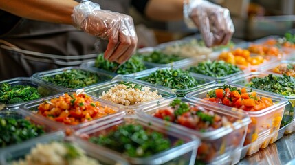 Obraz premium Worker preparing healthy meals in disposable containers