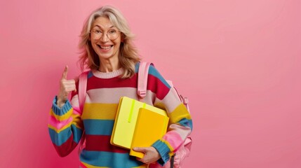A Joyful Senior Woman with Notebooks