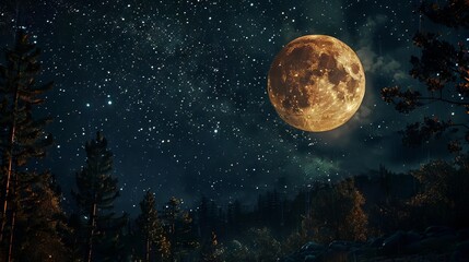 An enchanting night sky filled with stars and a bright full moon. 