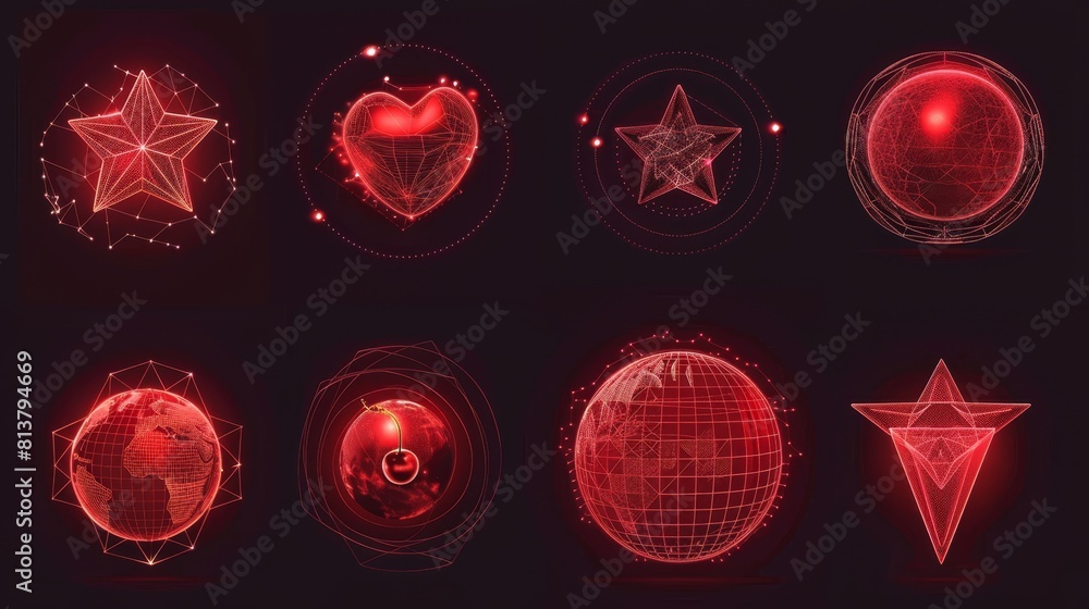 Poster wireframe shapes set isolated on red background. modern image of 3d grid geometric icons, y2k mesh g