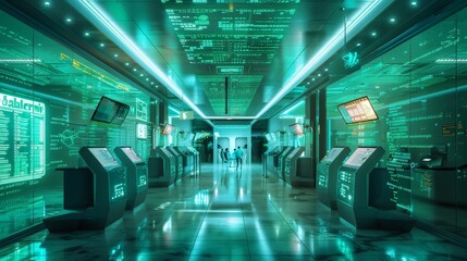 Create an image depicting a futuristic bank where customers engage in seamless transactions