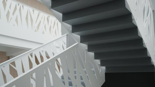 Modern interior of loft apartment. wooden black stairs. Modern contemporary Minimalist living room. Contemporary interior design elements. Modern apartment with black and white stairs.