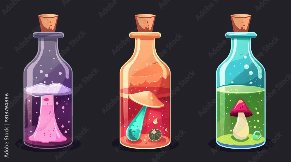 Poster a cartoon modern game ui assets set of fantasy liquid wizard elixir in chemistry vials with emerald,