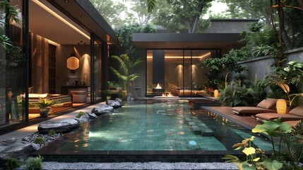 luxurious modern zen styled tropical home with glamorous swimming pool area