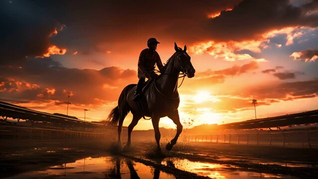 Silhouette of jockey and his horse , Horse races at stadium