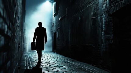 Enigmatic Figure with Briefcase in Dark Urban Alley