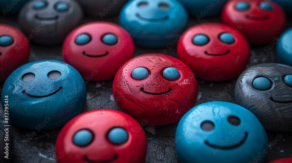 Poster a group of smiling rocks with blue and red faces are arranged in a circle, ai