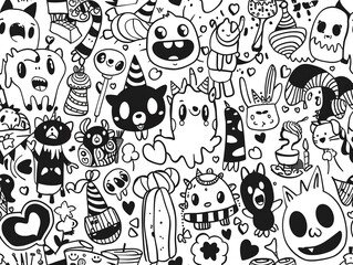 Birthday party doddle theme. Cartoon style for children coloring book. 