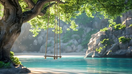 A tree swing hangs over a body of water