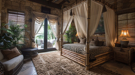 A safari-themed bedroom with animal print accents, safari netting, and a bamboo canopy bed. 