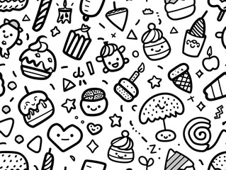 Birthday party doddle theme. Cartoon style for children coloring book. 