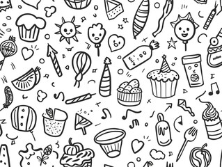 Birthday party doddle theme. Cartoon style for children coloring book. 