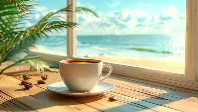 Coffee cup by window in beachside summer cafe with tropical vibes. looping time-lapse video