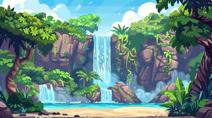 Cartoon modern rainforest scenery with river flows over rock cliffs with cascade waterfall in a tropical jungle with liana vines, bushes, and green trees.
