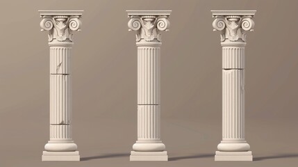 The ancient Roman column made of white clay. A realistic 3D modern illustration set of the Greek stone pillar of the temple building. An antique marble colonnade for historical construction