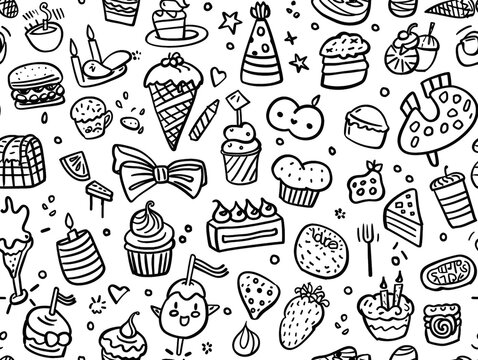 Birthday party doddle theme. Cartoon style for children coloring book. 