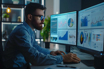 Businessman attentively reading a financial report or reviewing a detailed balance sheet, using analytical skills to interpret complex financial information