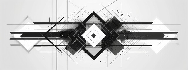 An abstract composition featuring intersecting black and white lines creating a dynamic and geometric pattern.