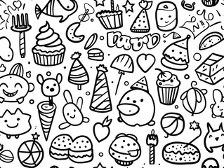 Birthday party doddle theme. Cartoon style for children coloring book. 