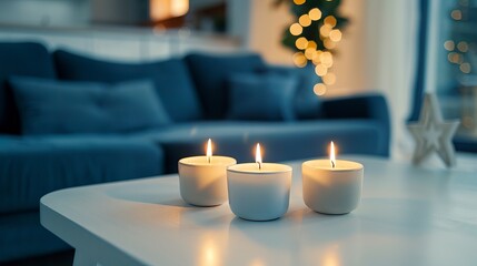 Close up of candles on white coffee table near blue sofa. Scandinavian home interior design of modern living room