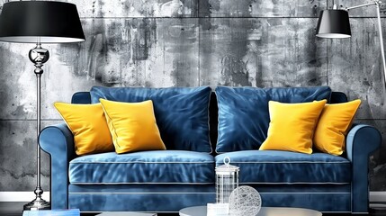 Teal sofa with vibrant yellow pillows against grey stucco or concrete wall with art poster. Mid century interior design of modern living room, home