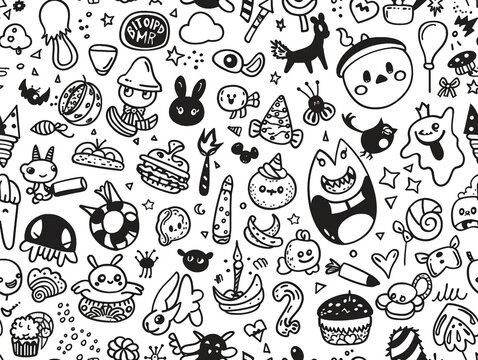 Birthday party doddle theme. Cartoon style for children coloring book. 