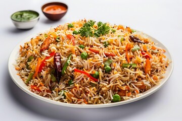 Veg biryani or veg pulav/pulao, pilaf Fried rice Indian food, white background, vegetable pulao