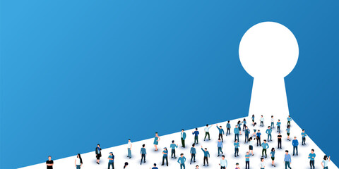 Large group of people stand in front of keyhole. Concept of security.