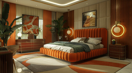 An Art Deco-inspired bedroom with bold geometric shapes, metallic accents, and a plush velvet bed. 
