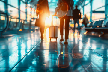 airport with tourists people walk in the airport with, blurred and bokeh background.