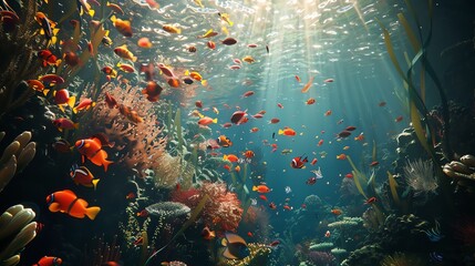 Underwater world full of life. Colorful fishes swim near a coral reef. - Powered by Adobe