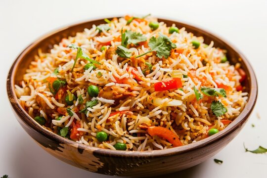 Veg biryani or veg pulav/pulao, pilaf Fried rice in a copper bowl, Indian street food, white background, vegetable pulao