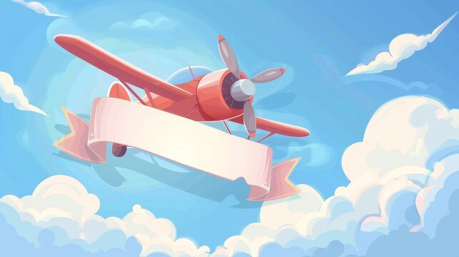 White banner with text for plane on blue sky background. Cartoon modern set of childish aircraft and biplane with propeller pulling blank ribbon or flag for message sign.