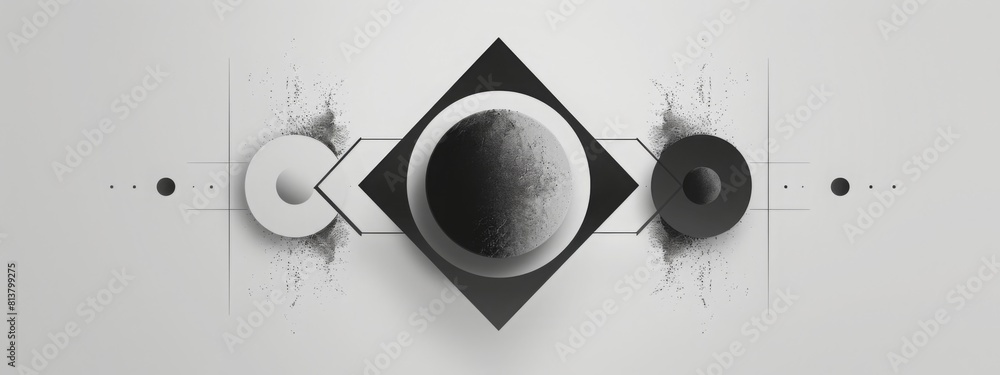 Poster a black and white circular object, stark in contrast, is the central focus of the image.