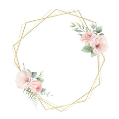Watercolor vector floral frame with golden geometric shape.. Dusty pink roses flowers and leaves. Foliage arrangement for invitations, greetings, decoration. Hand painted illustration.