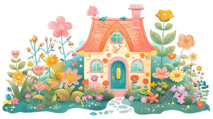 Charming Storybook Cottage Surrounded by Vibrant Floral Garden and Lush Greenery in Whimsical Spring Landscape