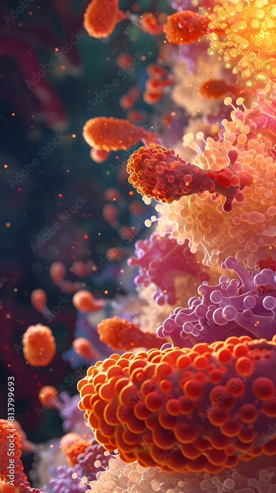 Poster microscopic cellular structures with vibrant colorful patterns showcasing the intricate details of