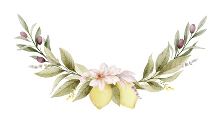 Floral wreath of lemon and olive. Watercolor vector illustration isolated on white. Greenery clipart for greeting cards, decoration, wedding invitation, stationery.