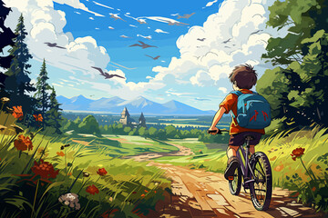 A boy biking with school bag in the countryside. Children book illustration or book cover template