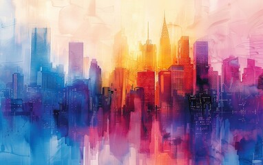 Skyline of towering buildings captured in colorful abstract strokes.