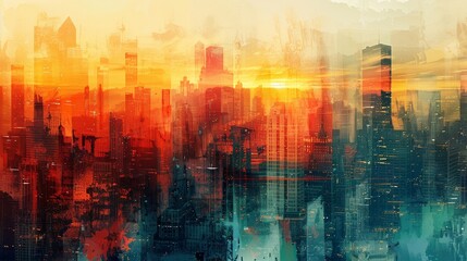 Obraz premium Skyline of towering buildings captured in colorful abstract strokes.