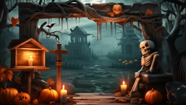 Halloween Day  , Skeleton and Pumpkins in graveyard at full moon night , Holiday event halloween banner background concept