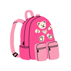 different school backpack and schoolbag. Back to school, collection of children bags. Hand drawn vector illustration isolated on white background. Modern flat cartoon style