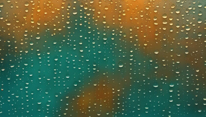 Fototapeta premium Wet window teal orange background, water drops on glass, rainy weathe
