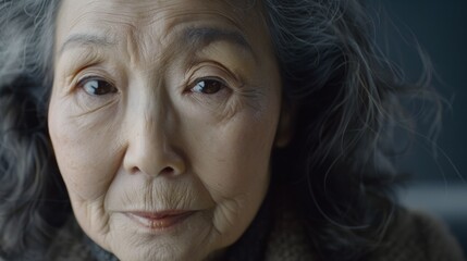 Serene Elderly Asian Woman with Expressive Eyes and Grey Hair