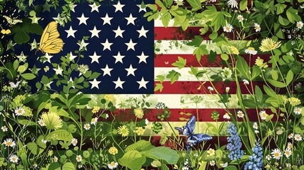 Patriotic American Flag Overlay on Lush Floral Background for Spring